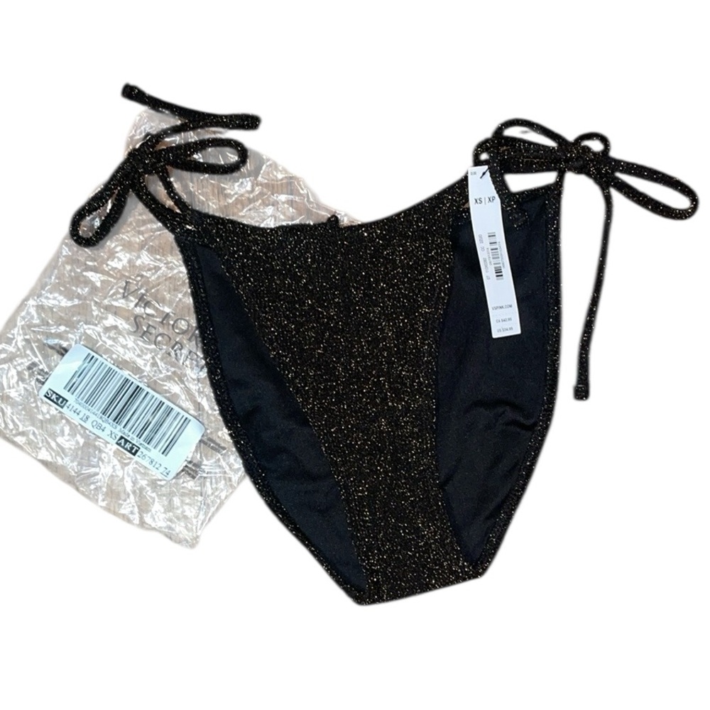 •PINK•NWT VSP BLACK & GOLD SHIMMER SIDE TIE BIKINI BOTTOM SIZE XS